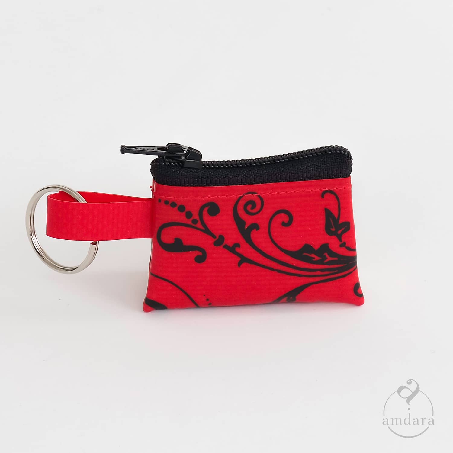 Münzanhänger Mini, Mini Portmonee aus Blache, Ornament auf rot